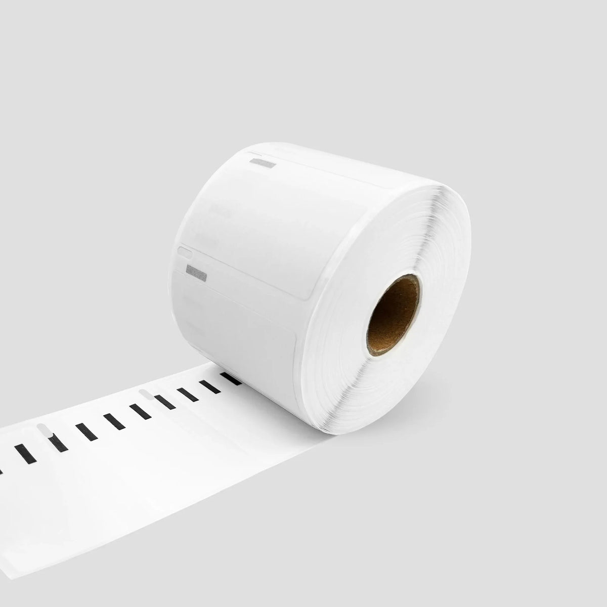 White barcode label roll dispensing blank labels with tear-off perforations.