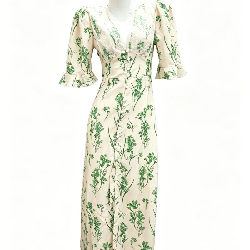 Printed Lace Patchwork Maxi Dress Women V-Neck Half Sleeve Single Breasted Lace Up Long Dresses 2026 Summer All-match Lady Robes