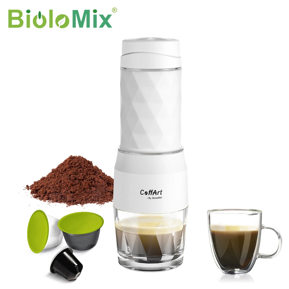 BioloMix CoffArt portable white plastic espresso maker with glass cup, coffee grounds, and capsule accessories.