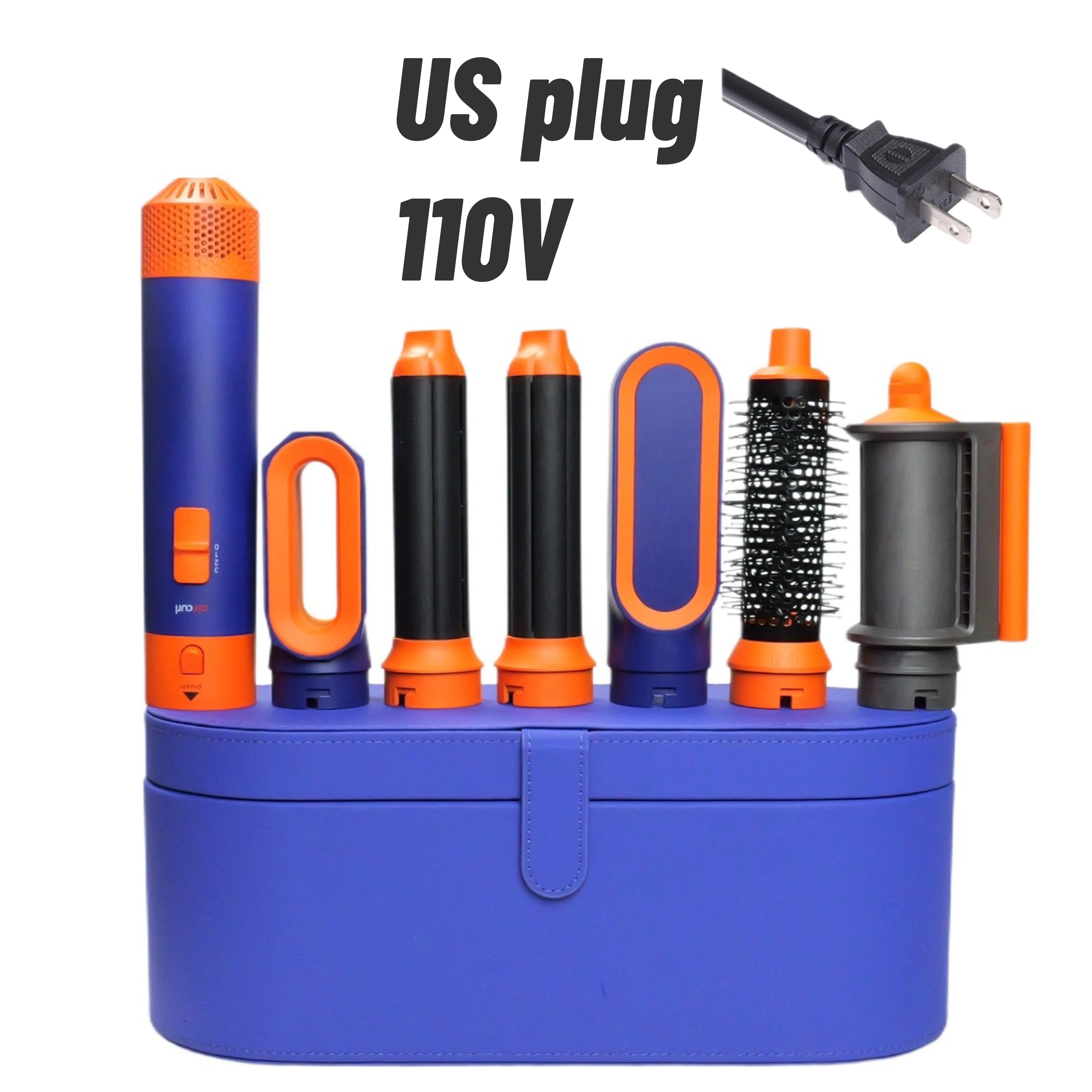 6-in-1 hot air styler, blue and orange hair dryer set with curling barrels and brush attachments, US plug 110V.