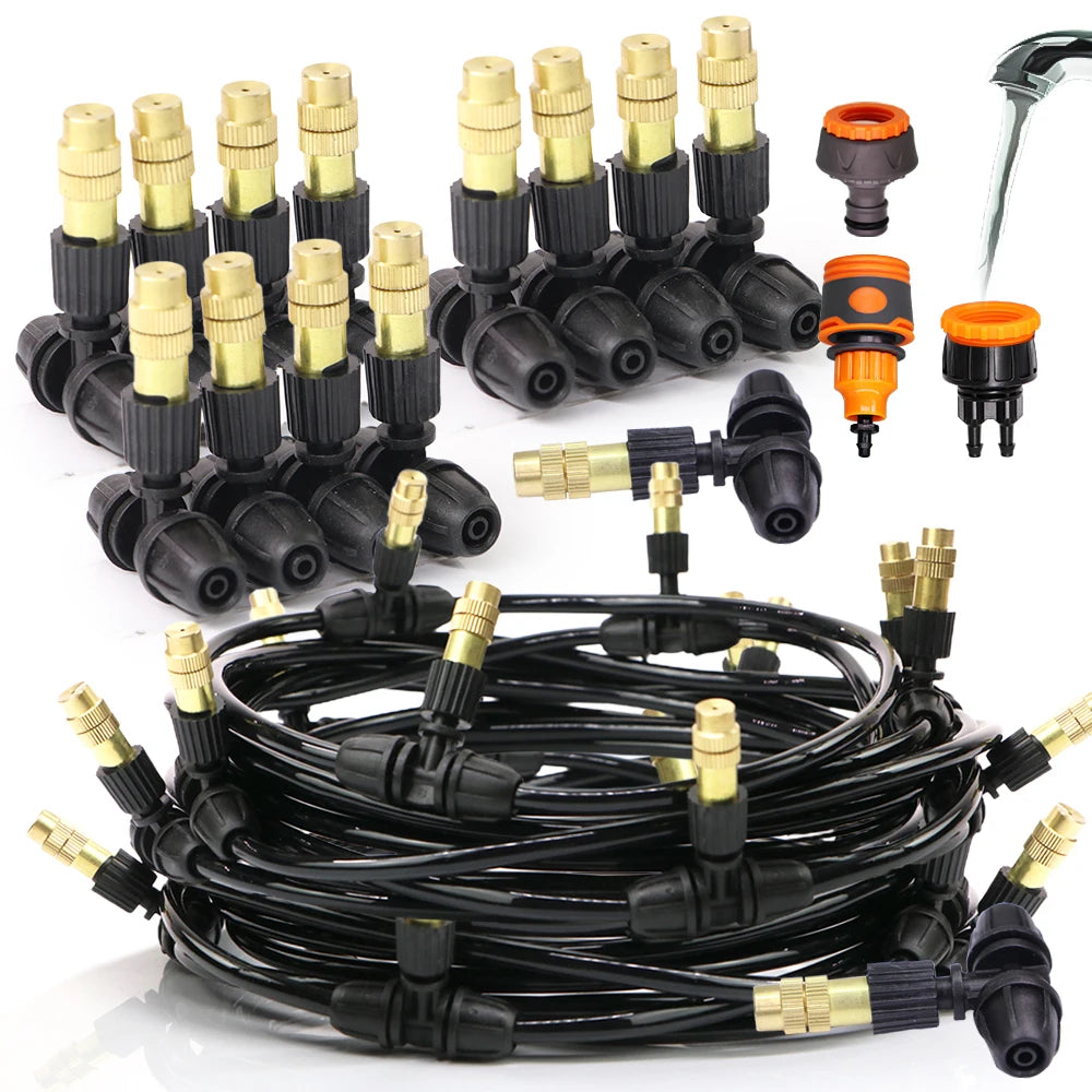 10/20/30M Garden 1/4" Hose Brass Nozzle Atomize Spray System for Summer Balcony Greenhouse Lawn Misting Cooling Irrigation Kit