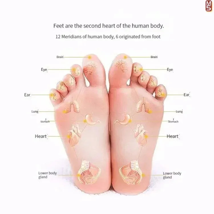 Acupressure foot reflexology chart showing body organ pressure points for a therapeutic massage pad health care device.