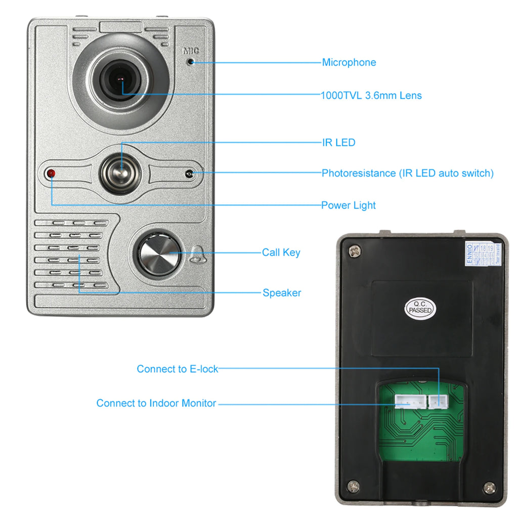 7 inch Wired Video Doorbell Indoor Monitor IR-CUT Outdoor Camera Visual Intercom Two-way Audio Remote Unlock Video Door Phone