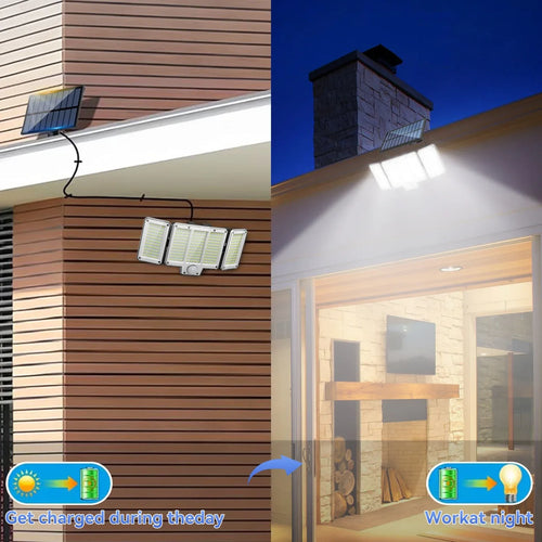 Black solar motion sensor light with split panels mounted on an exterior wall, shown day and night.