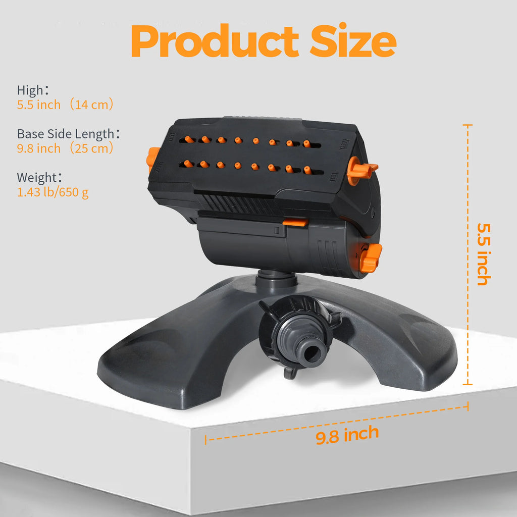 Oscillating water sprinkler with black base, orange nozzle accents and spray head