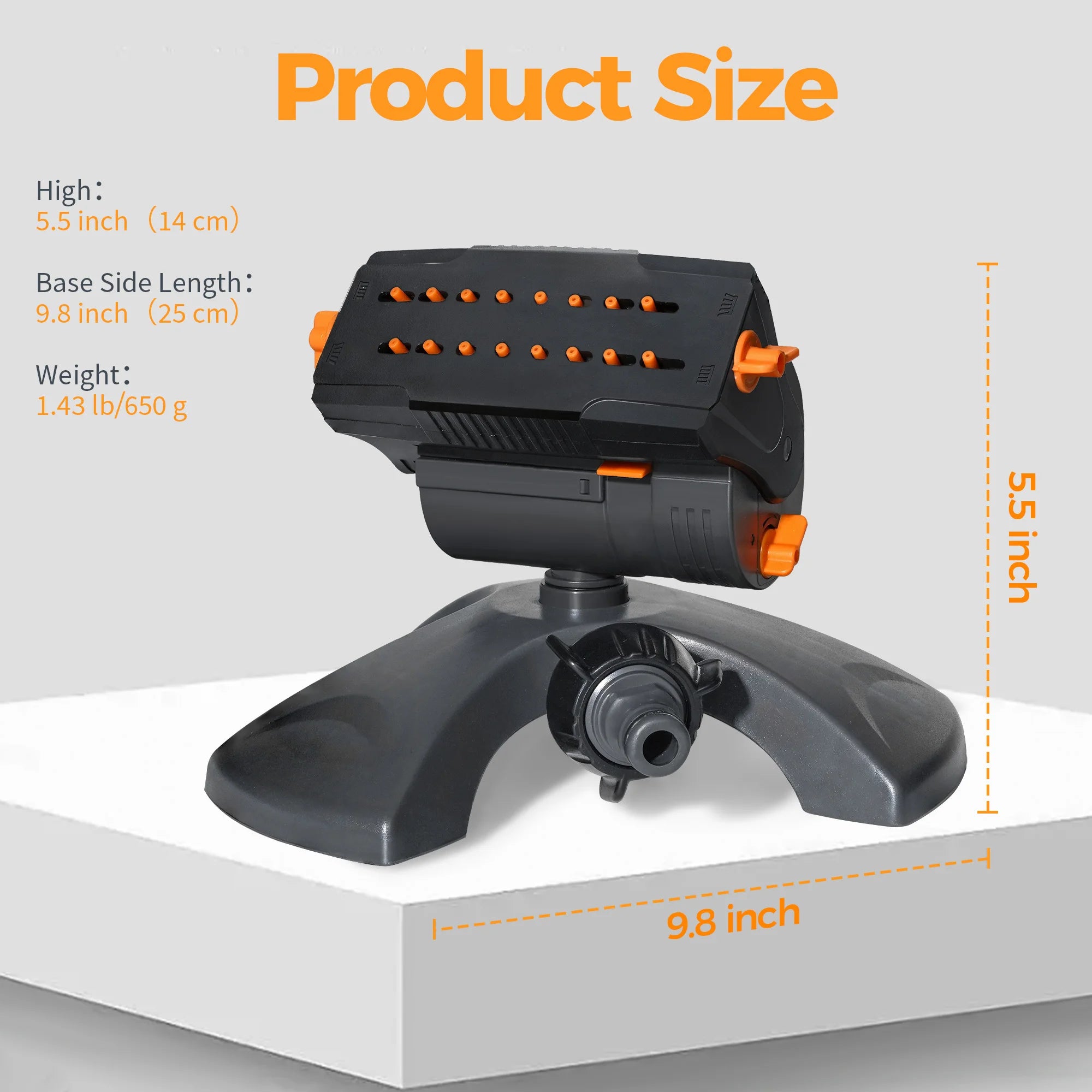 Oscillating water sprinkler with black base, orange nozzle accents and spray head