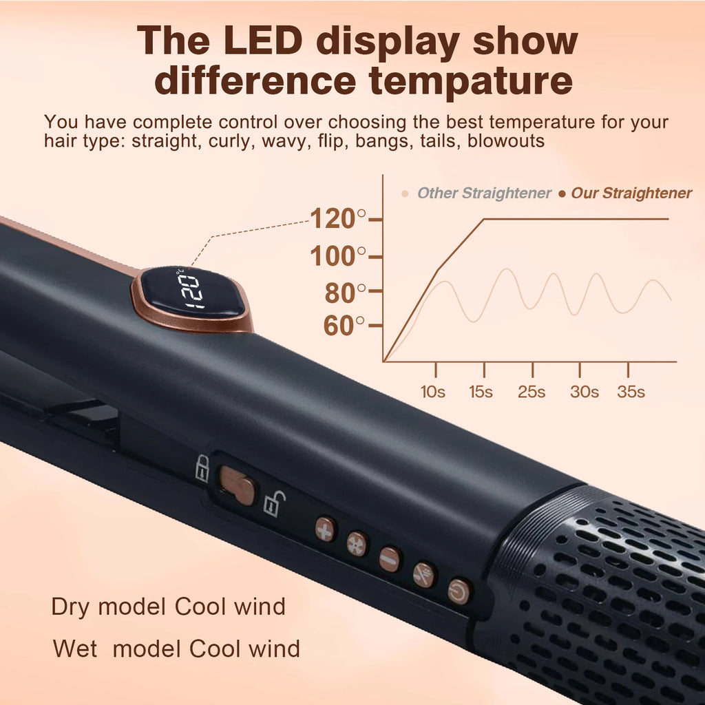 Black 2in1 hair dryer and straightener with LED temperature display, heat control buttons, and ionic air styling.