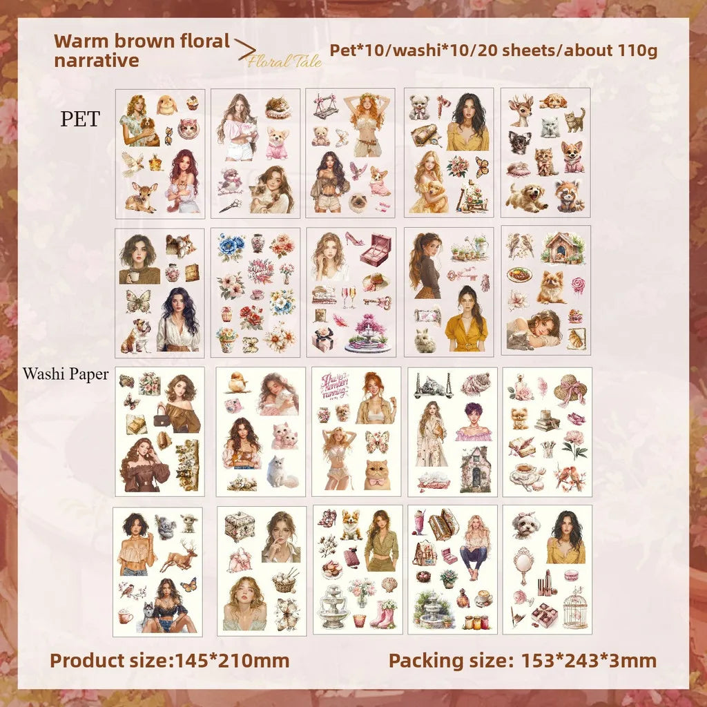 20 sheets of PET and washi floral pet stickers for scrapbook journaling and decorative DIY notebook supplies.