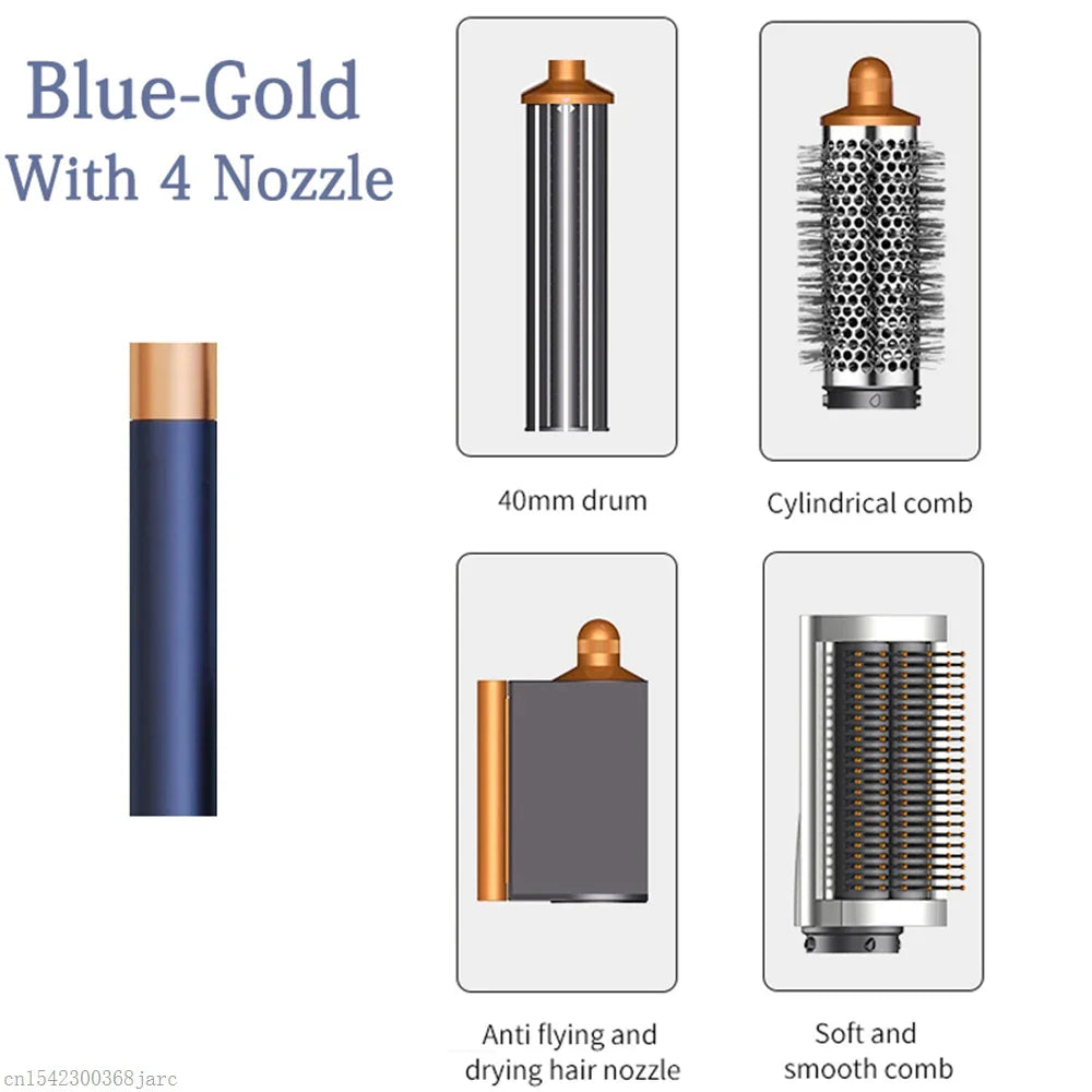 SenCiciMen X9 blue-gold multi hair styler with 4 styling attachments: curling drum, round, and smoothing brushes.