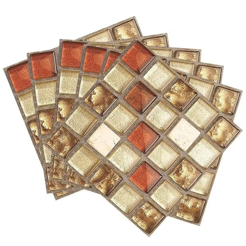 Self-adhesive 3D mosaic tile wall sticker set, metallic gold and bronze square tiles.