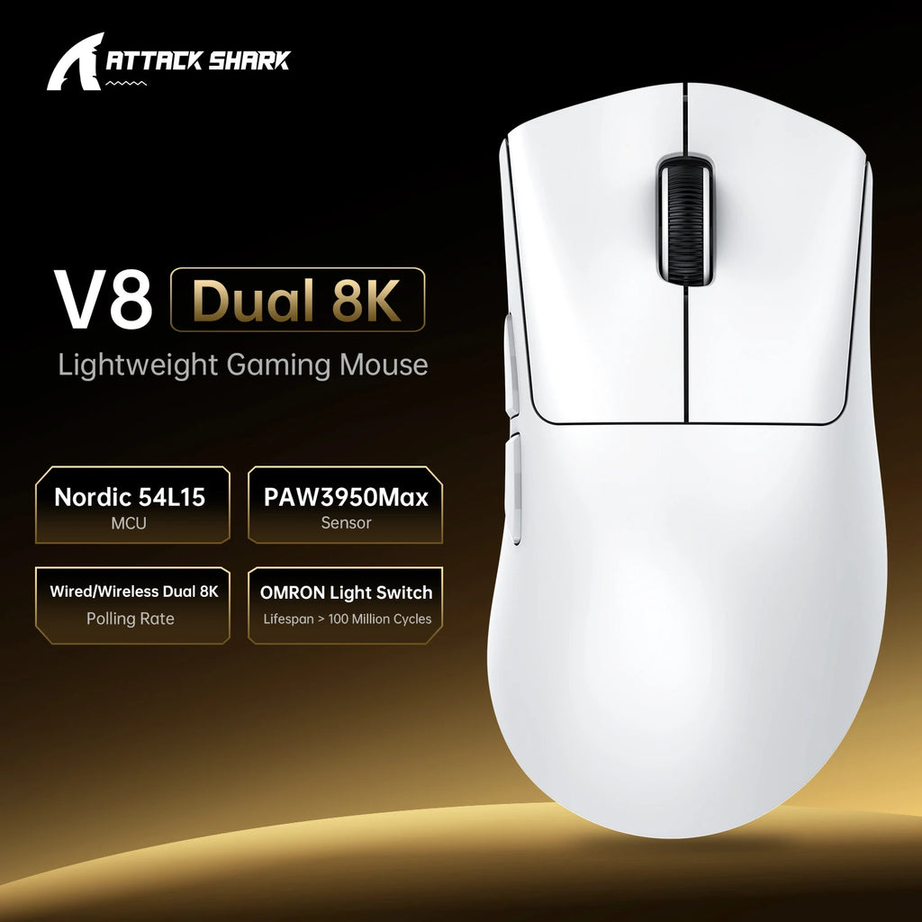 8K Receiver & V8 Wireless Mouse,Attack Shark PAW3950Max Sensor,0.168ms Key Delay and Golden Right Hand Design,Black/White Choice