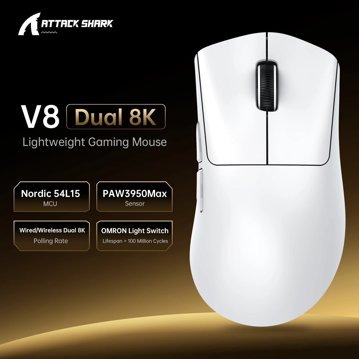 8K Receiver & V8 Wireless Mouse,Attack Shark PAW3950Max Sensor,0.168ms Key Delay and Golden Right Hand Design,Black/White Choice