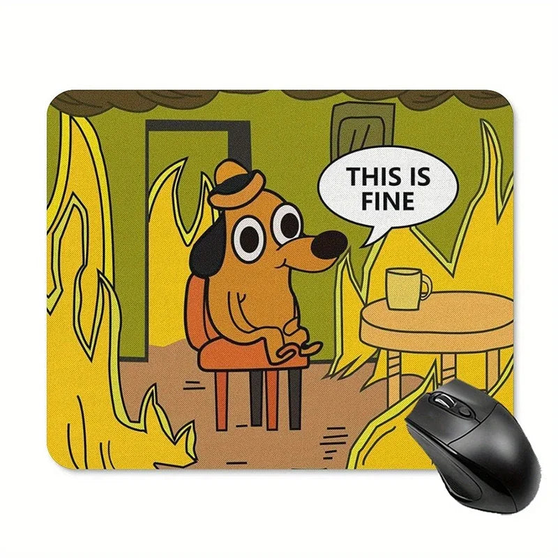"This is Fine" dog meme mouse pad, non-slip rubber computer mat for gaming and office desks. Cute puppy PC accessory.
