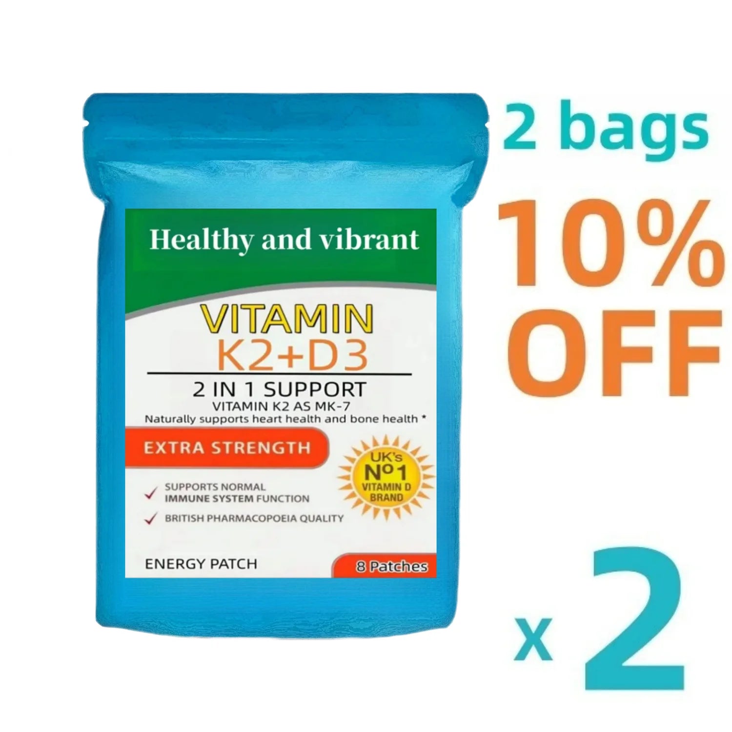 Vitamin K2 ( With D3 Patches 8 Week Supply, Contains Vitamin D & K Complex Premium Non Gmo, Biotin & Folic Acid