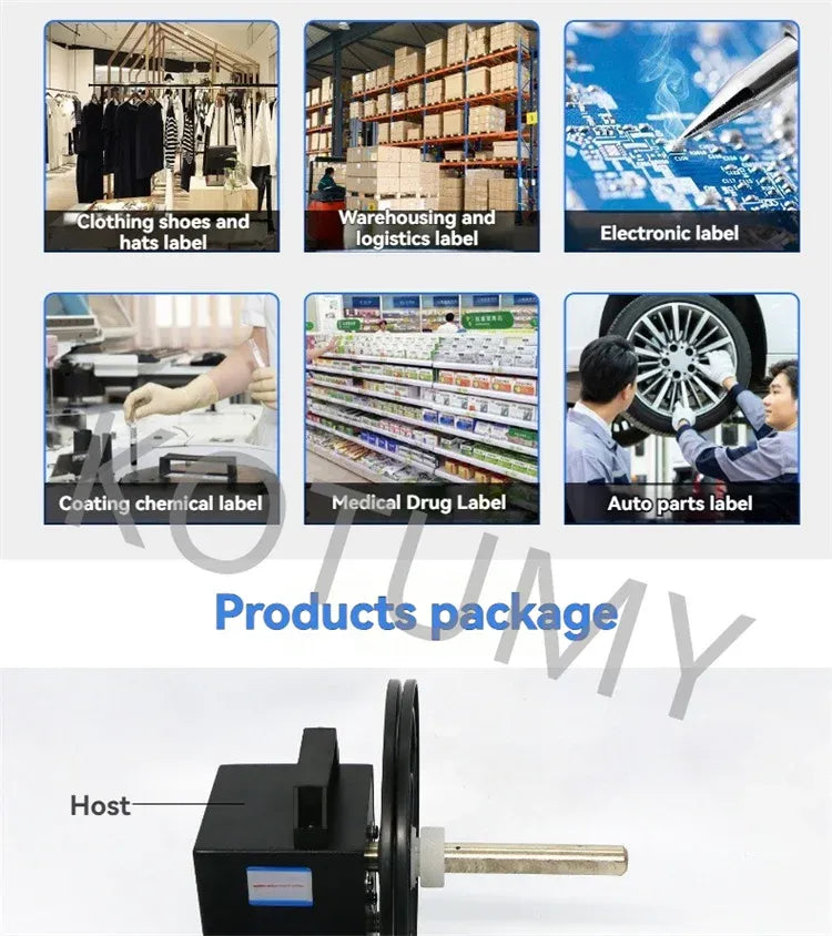 Barcode label rewinder package with host unit and industry label-use icons