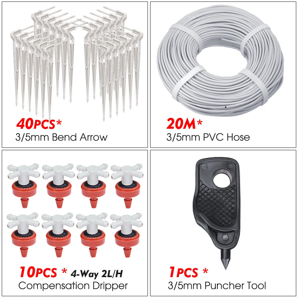 Drip irrigation kit contents diagram with red drippers, white hose coil, and punch tool