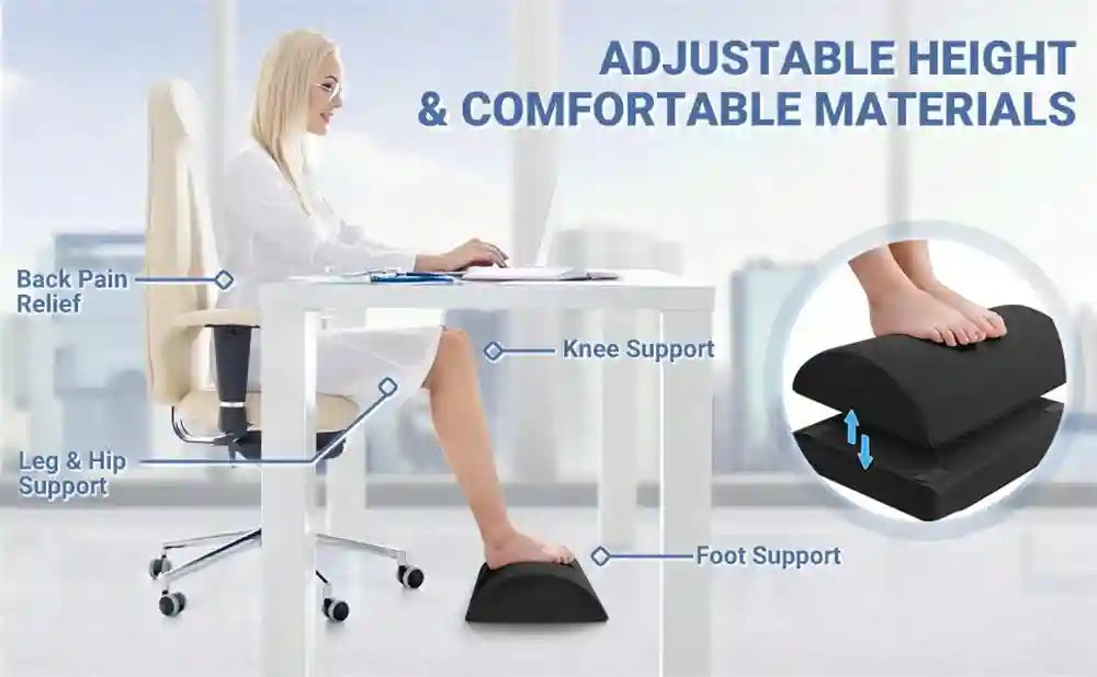 Adjustable black memory foam under desk foot rest for office pain relief, ergonomic leg and knee support stool.