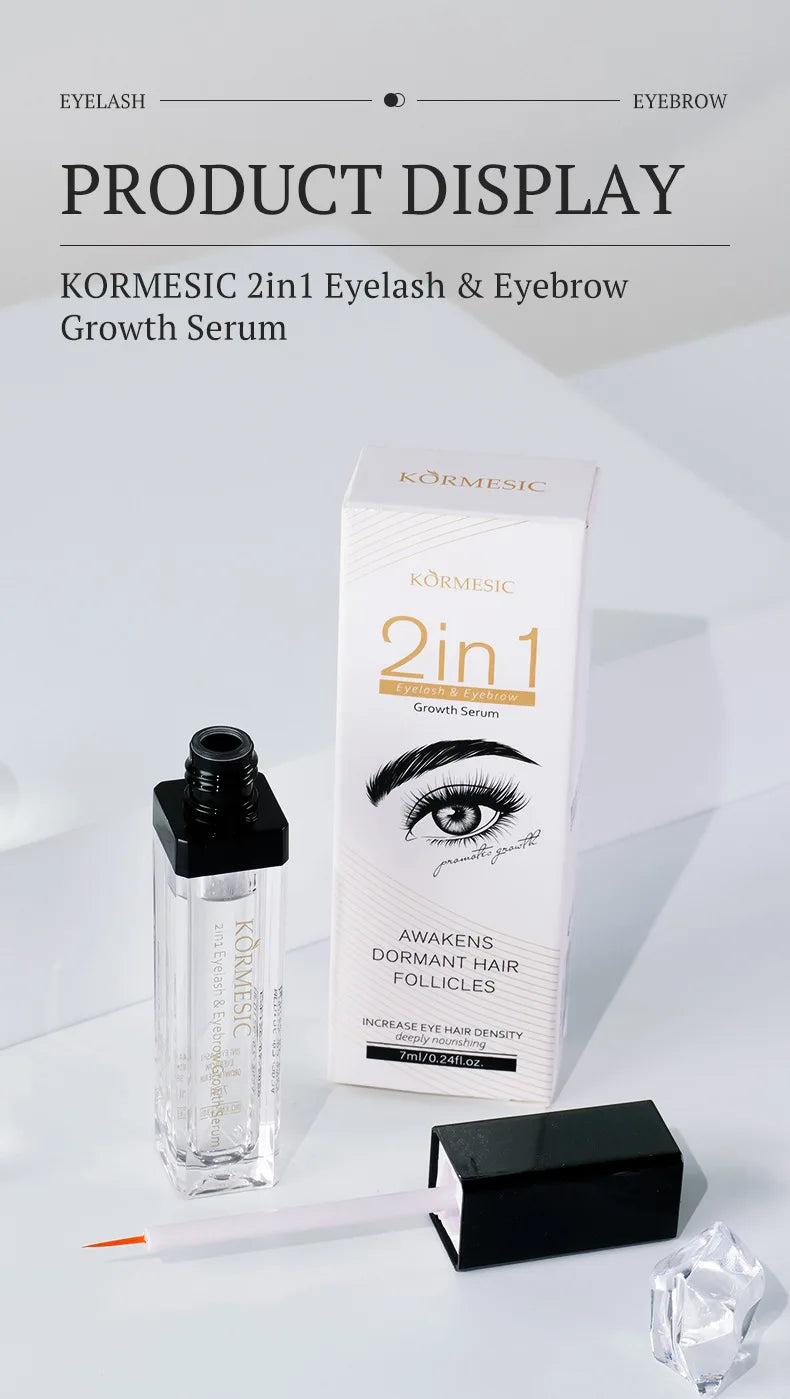 KORMESIC 2-in-1 eyelash and eyebrow growth serum bottle and box for thicker, longer lashes and fuller brows.