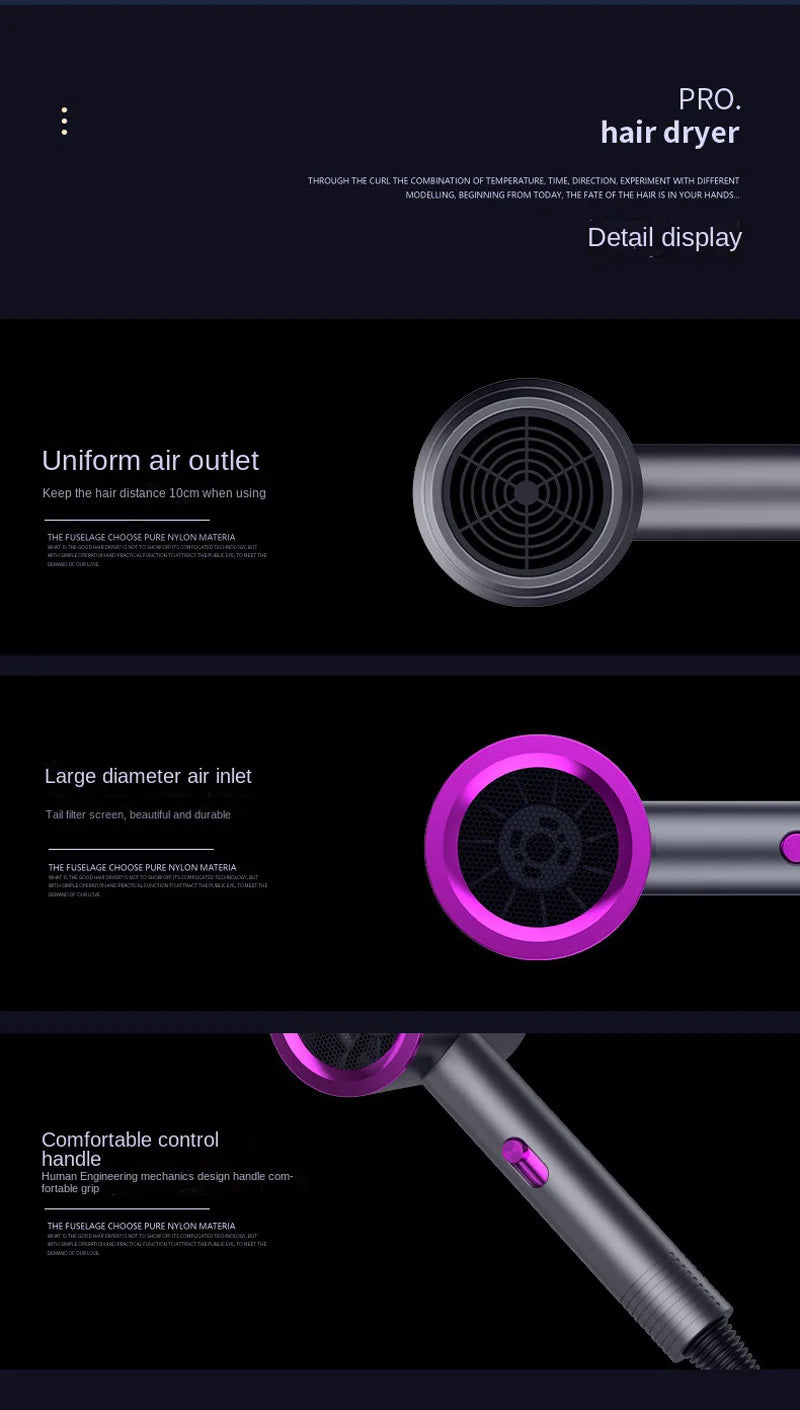 High-speed grey and purple hair dryer with professional air outlet, large air inlet, and ergonomic control handle.