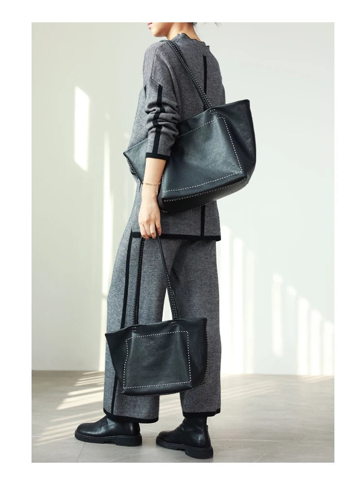 Women Large Capacity Genuine Leather Tote Soft Shoulder Bag