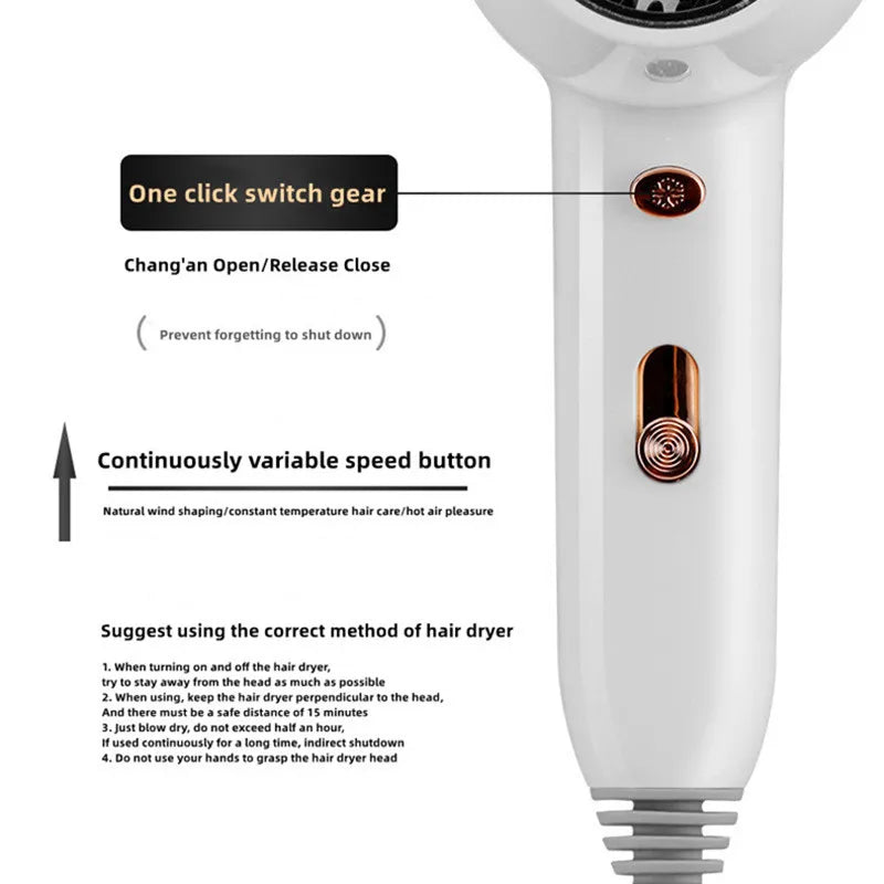 White wall-mounted hair dryer with one-click power button and variable speed control for professional hair care.