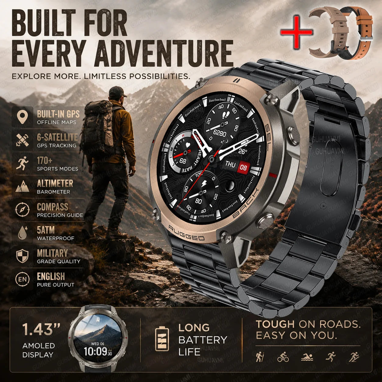 Rugged sports smart watch with black metal link band and black AMOLED display