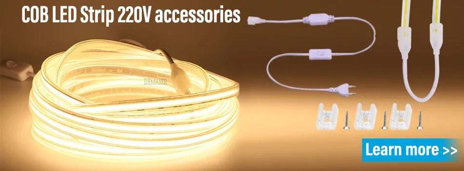 220V COB LED Strip with Switch /Dimmable Waterproof 360LED Strip EU Plug for Outdoor Indoor Room Backlight Garden Kitchen TV