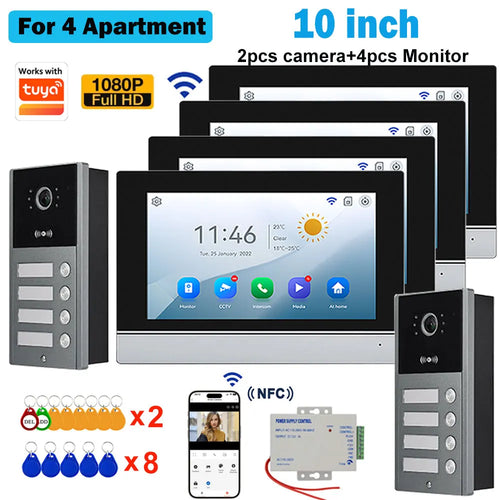 10-inch video intercom doorphone system kit with door camera, monitors, and RFID key fobs