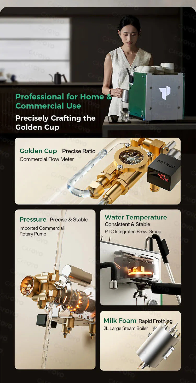 Petrus professional green and stainless steel espresso machine with 2L steam boiler and commercial rotary pump.