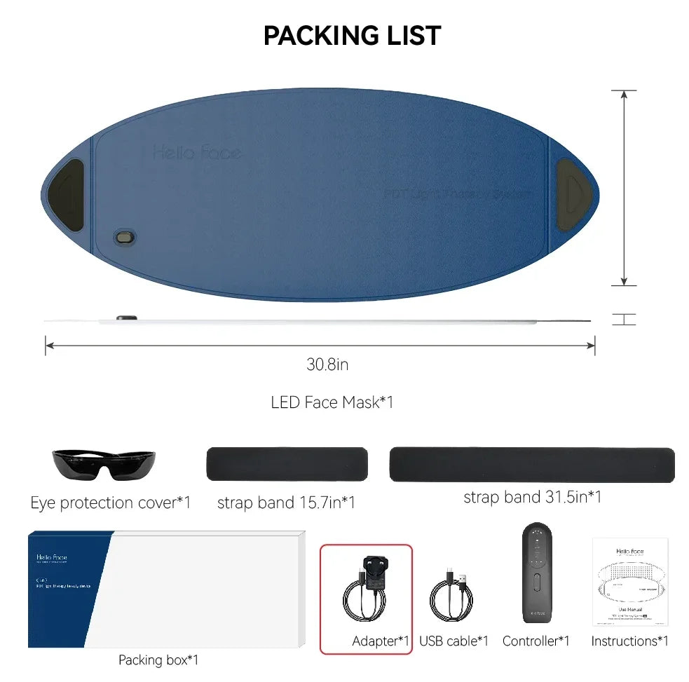 Hello Face L6 LED mask packing list: blue oval mask, eye goggles, two strap bands, controller, cables, and box.