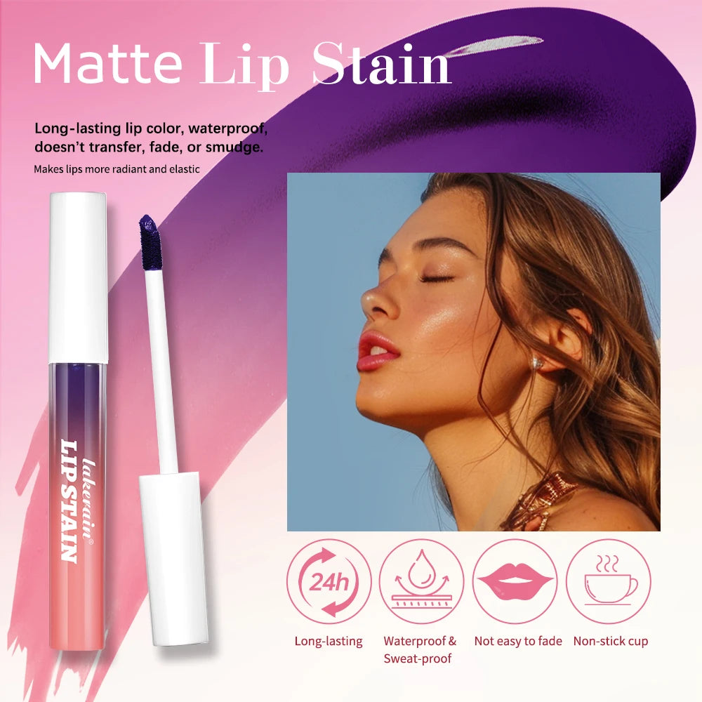 Long-lasting waterproof matte pink lip stain with applicator and model showcasing transfer-proof, non-stick lip color.