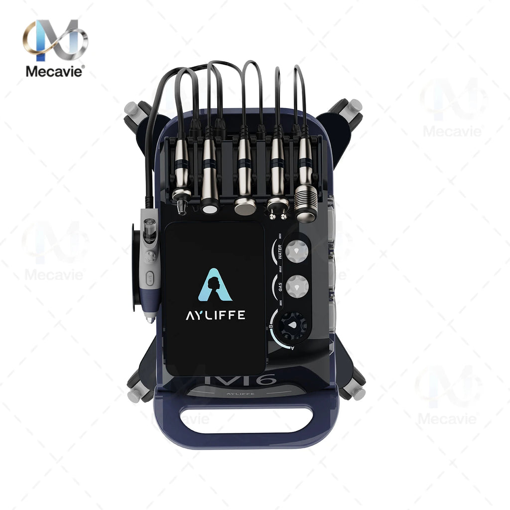 6-in-1 oxygen dermabrasion facial machine for deep skin cleaning and blackhead removal in dark blue compact design.