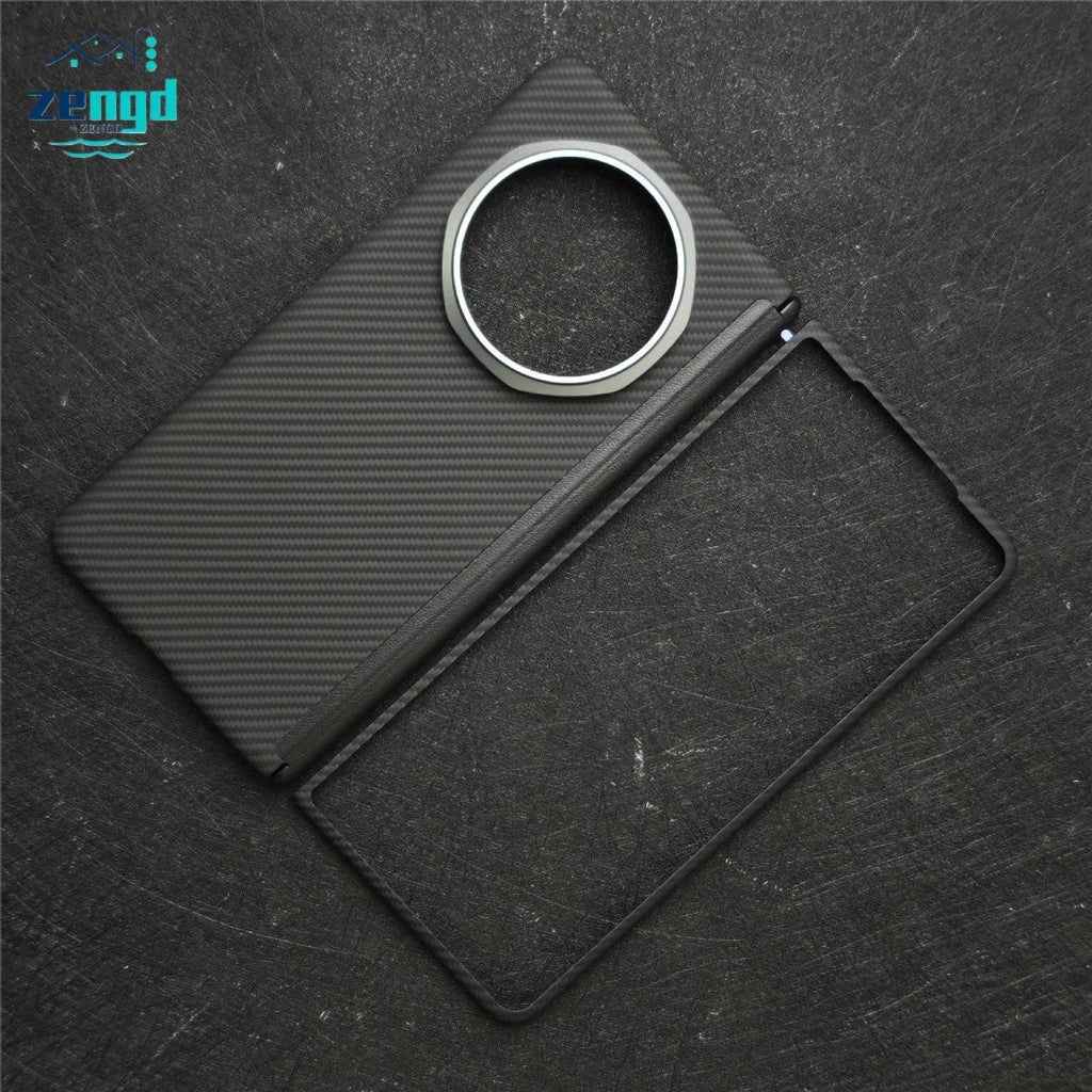 Black carbon fiber folding phone case with a circular metal camera ring mount on a dark textured background.