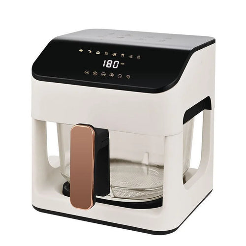 White air fryer with black control panel and pull-out transparent glass basket