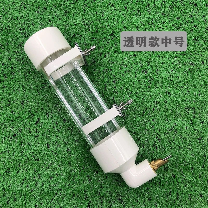 Large transparent automatic parrot water dispenser with needle feeder for easy, mess-free bird hydration.