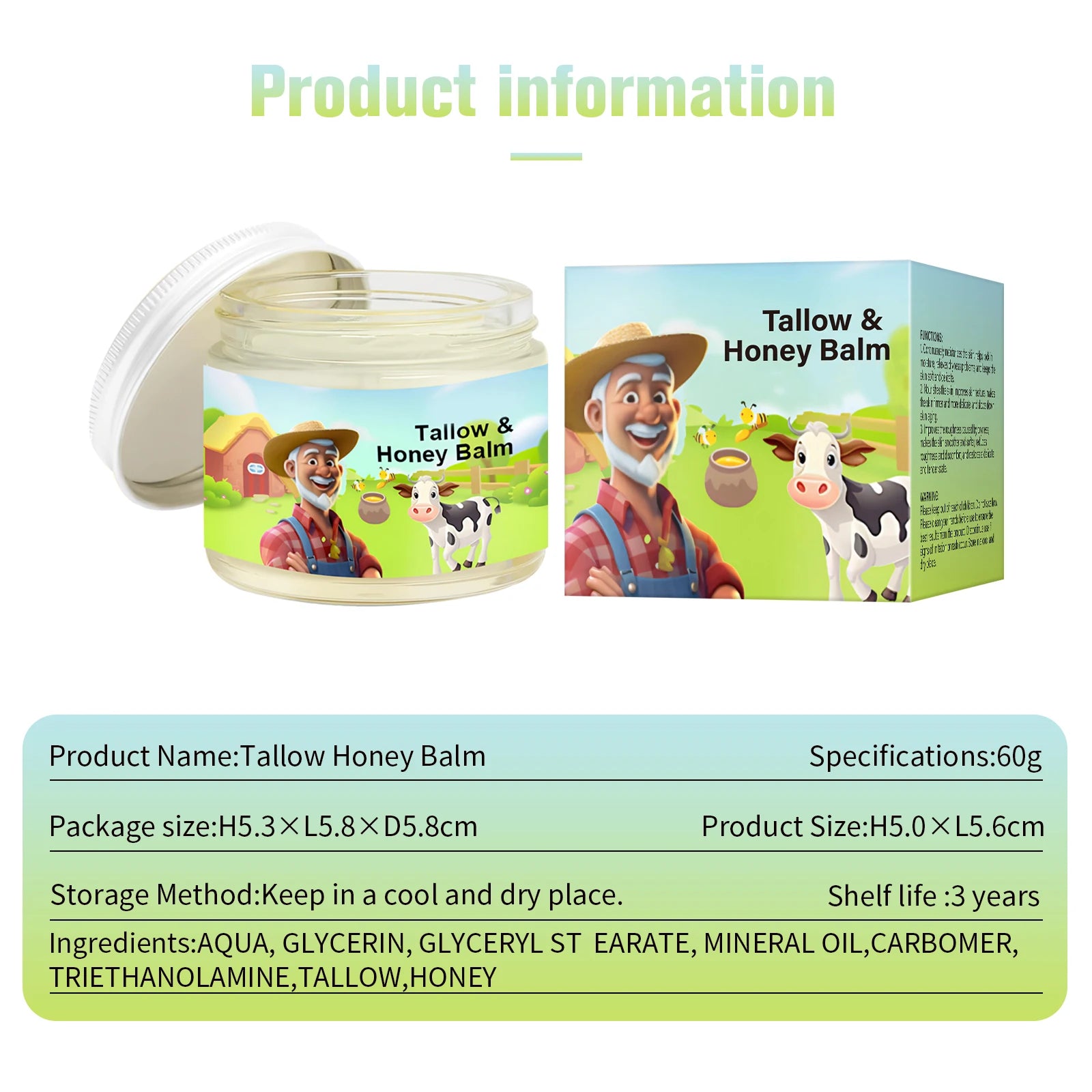 Tallow & Honey Balm 60g, Face and Body Moisturizer, Natural Skin Nourishing Cream to Improve Texture for Soft Firm Skin