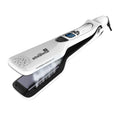 White steam hair straightener with LCD temperature display and integrated steam vents for professional hair styling.