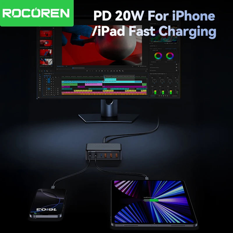 Black rectangular Rocoren 100W GaN desktop charging station with 6 ports charging a smartphone and tablet via cables.