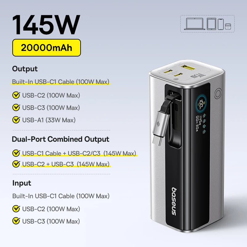 145W Fast Charging Power Bank 20800mAh Portable Laptop Charger 145W GR11 Titanium 20000mah Tidesmit