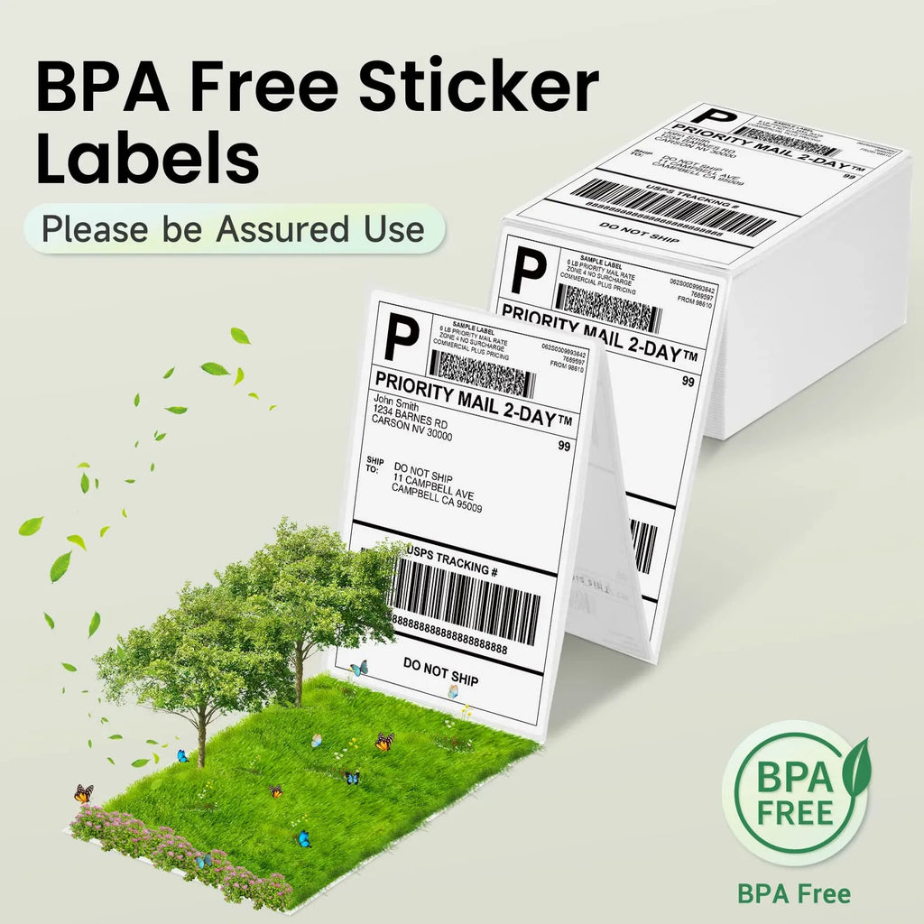 BPA-free 4x6 thermal shipping label set with barcodes on mailer boxes