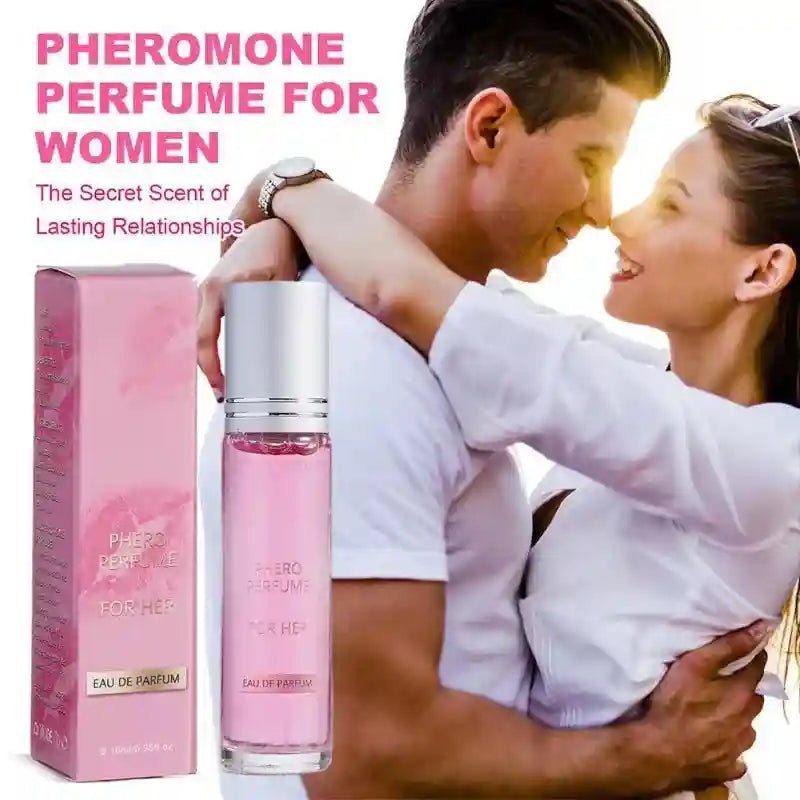Flirting Pheromone Eau de Parfum for women. Long-lasting pink liquid in a sleek cylindrical glass rollerball bottle.