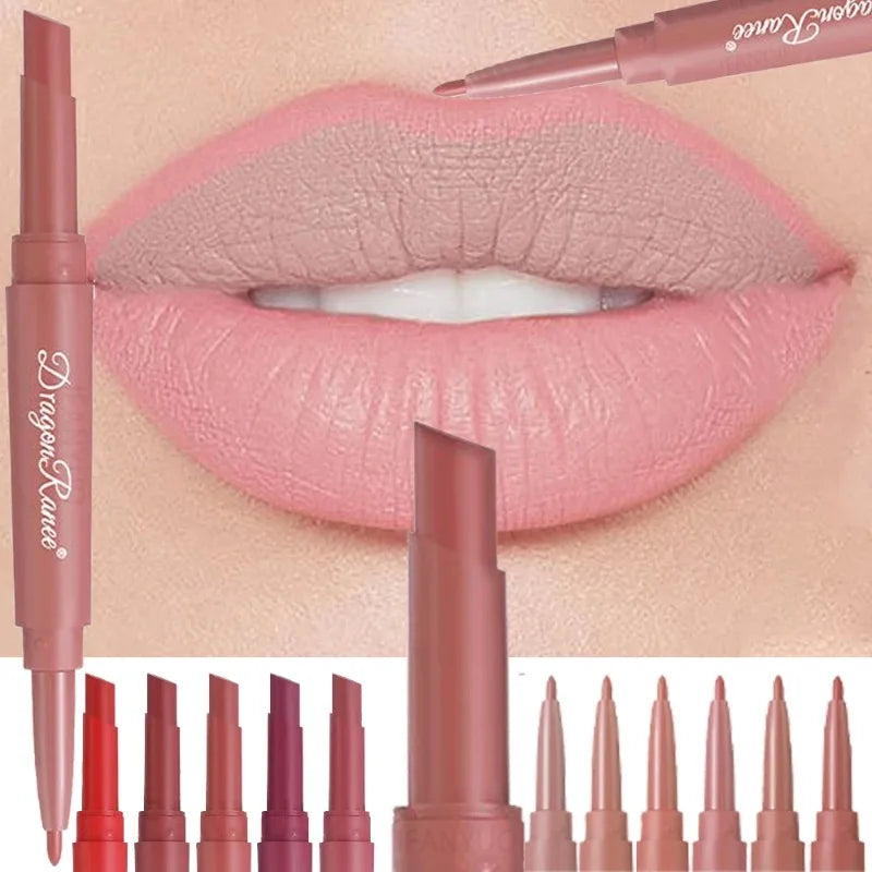 Dual-ended matte lipstick and lip liner pencil in rose red and nude shades for long-lasting, waterproof lip makeup.