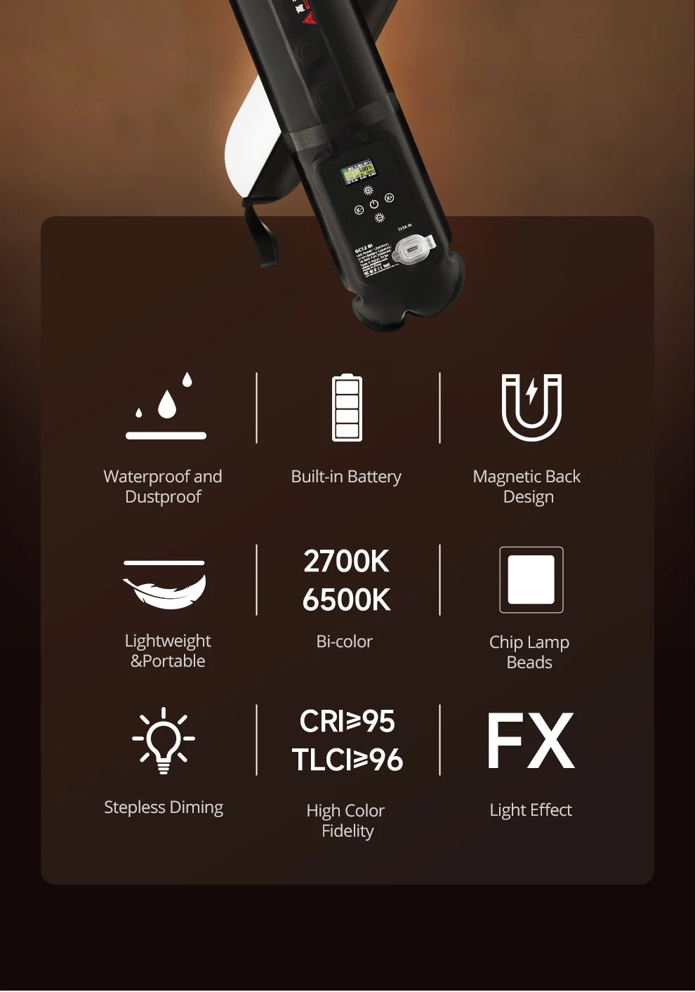Black handheld LED light stick with digital display, magnetic back, and adjustable color temperature for photography.