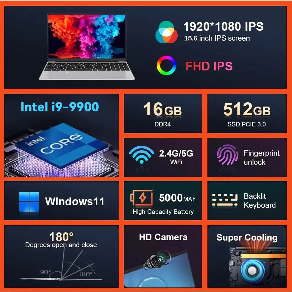 Intel Core i9-9900 15.6 Inch 16GB RAM Backlit Fingerprint Unlock Laptop Windows 11 Office Study NoteBook Gaming Computer PC