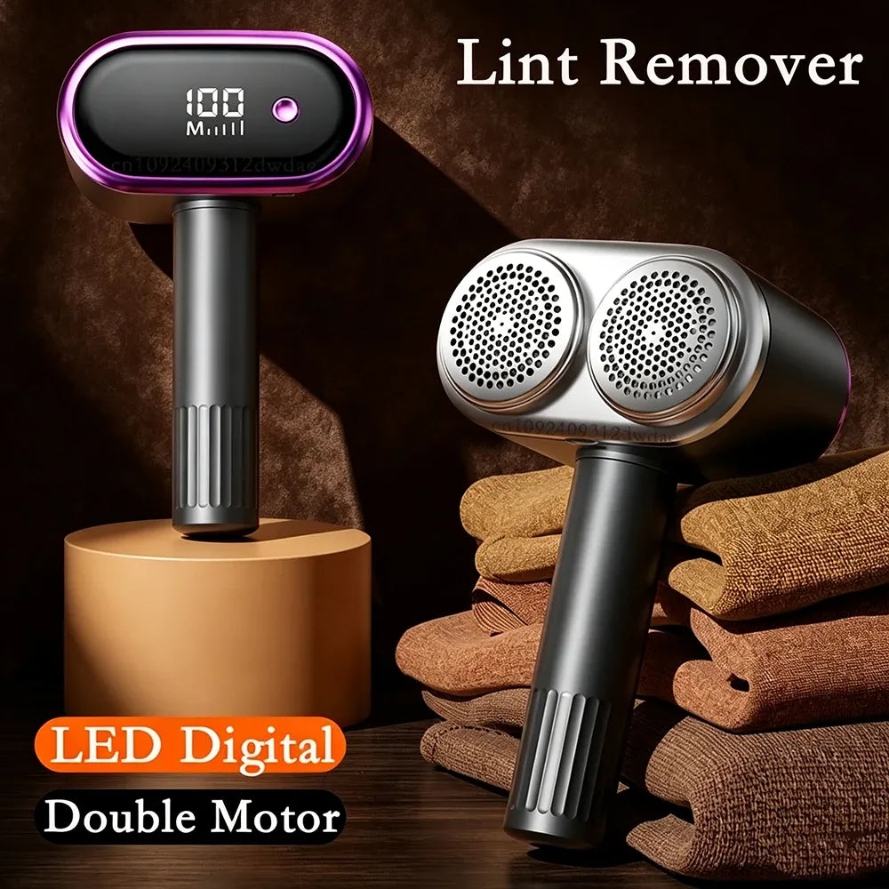 Lint remover fabric shaver with LED digital display and double motor for de-fuzzing clothes and sweaters.
