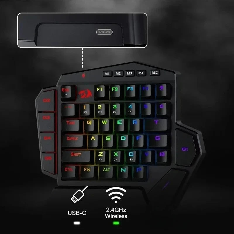 New Redragon K585 PRO Wireless One-Handed Mechanical Keyboard 42 Keys 2-Mode RGB 7 Onboard Macro Keys Detachable Wrist Support