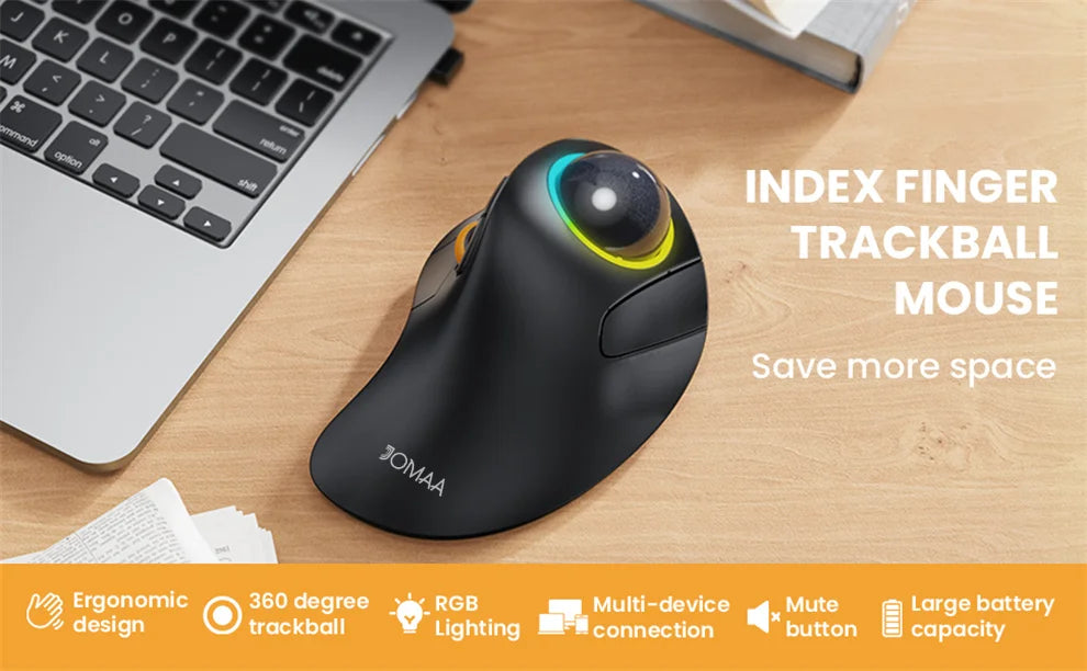 Jomaa RGB Backlit Trackball Mouse Control for Gaming Bluetooth Right Hand Vertical Trackball Mouse for Gamer Windows Mac