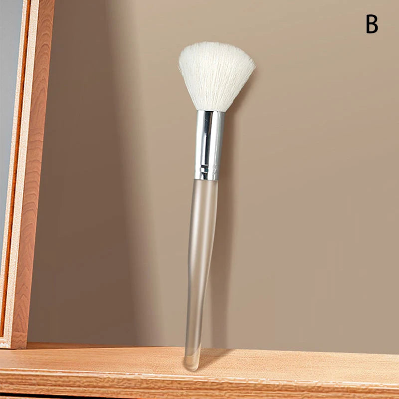 Soft white facial cleansing brush with a transparent handle for face masks and gentle skin care massage.