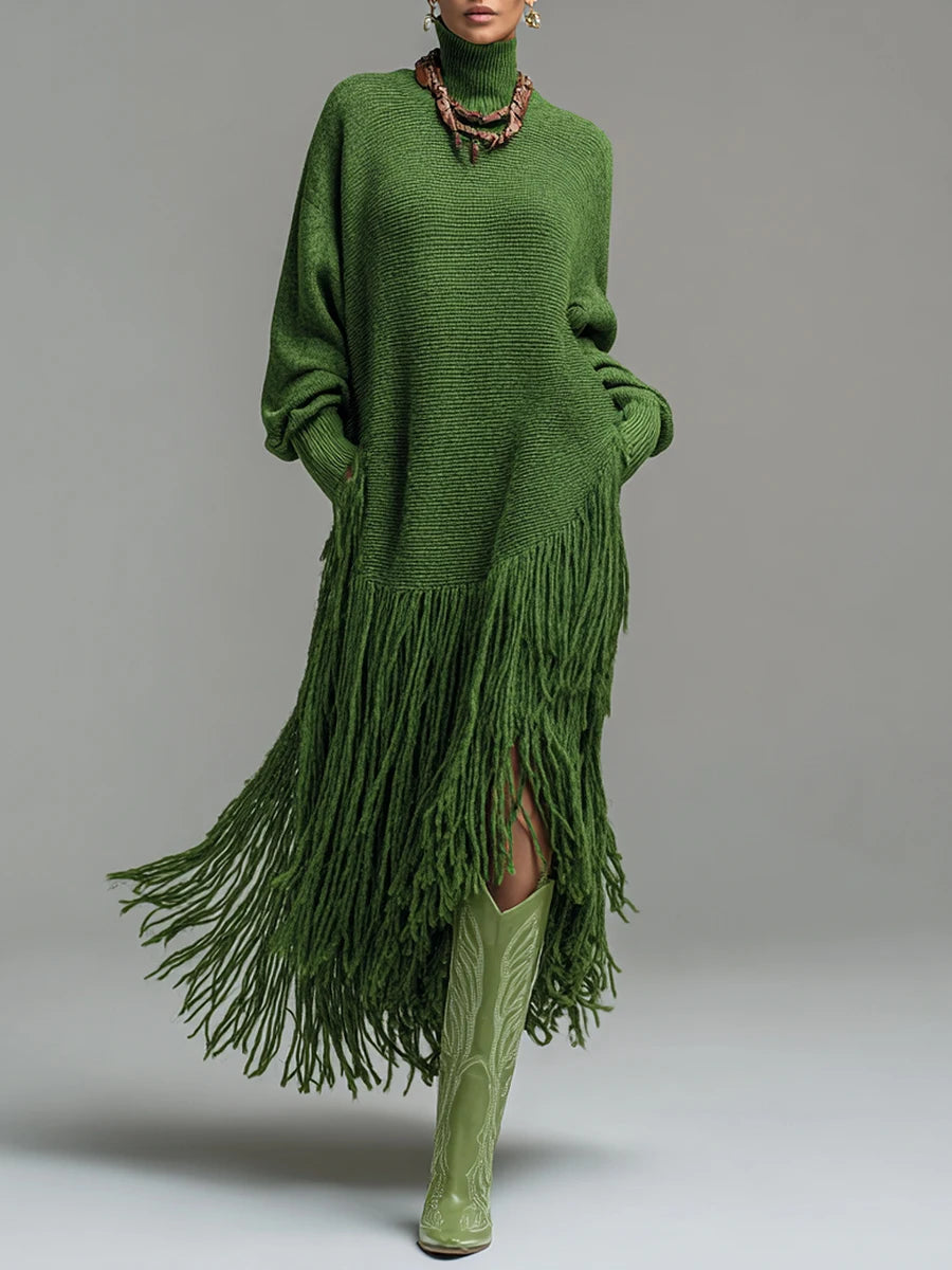 Spring Sexy Turtleneck Tassel Knitted Dress Woman Casual Solid Ribbed Loose Maxi Dress Autumn Long Sleeve Pocket Party Dress