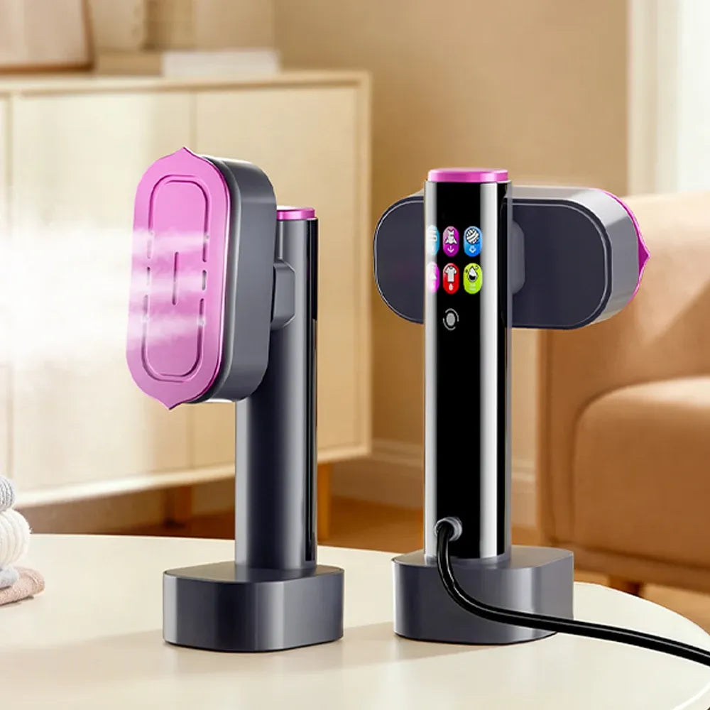 Garment steamer releases visible steam, featuring a pink and grey handheld design with a digital control display on a base.
